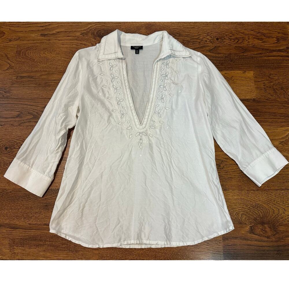 Talbots Petites Cotton Silk Embroidered Blouse White Size 8P 3/4 Sleeve Classic